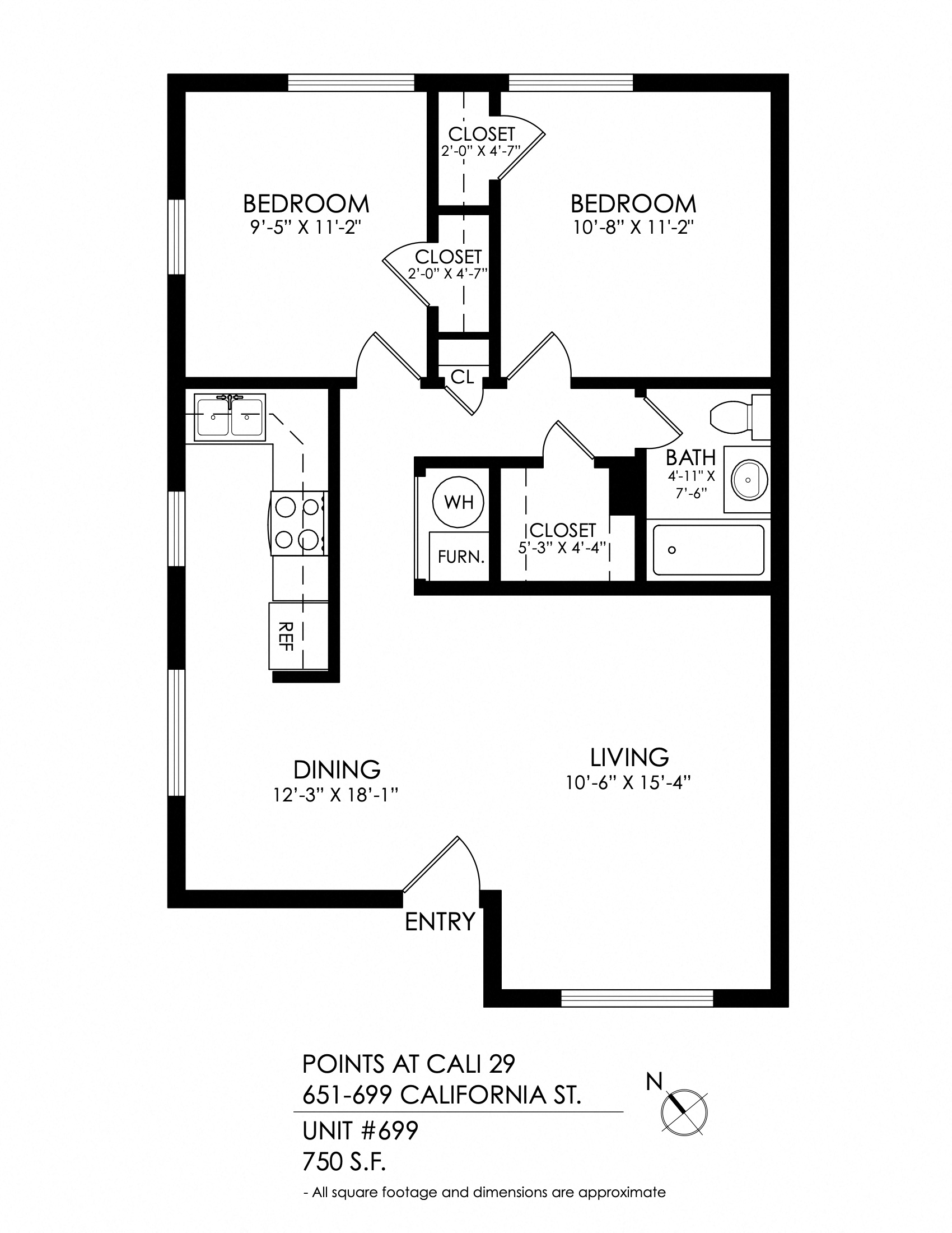 Floor plan for 2 beds, 1 bath, 750 sqft